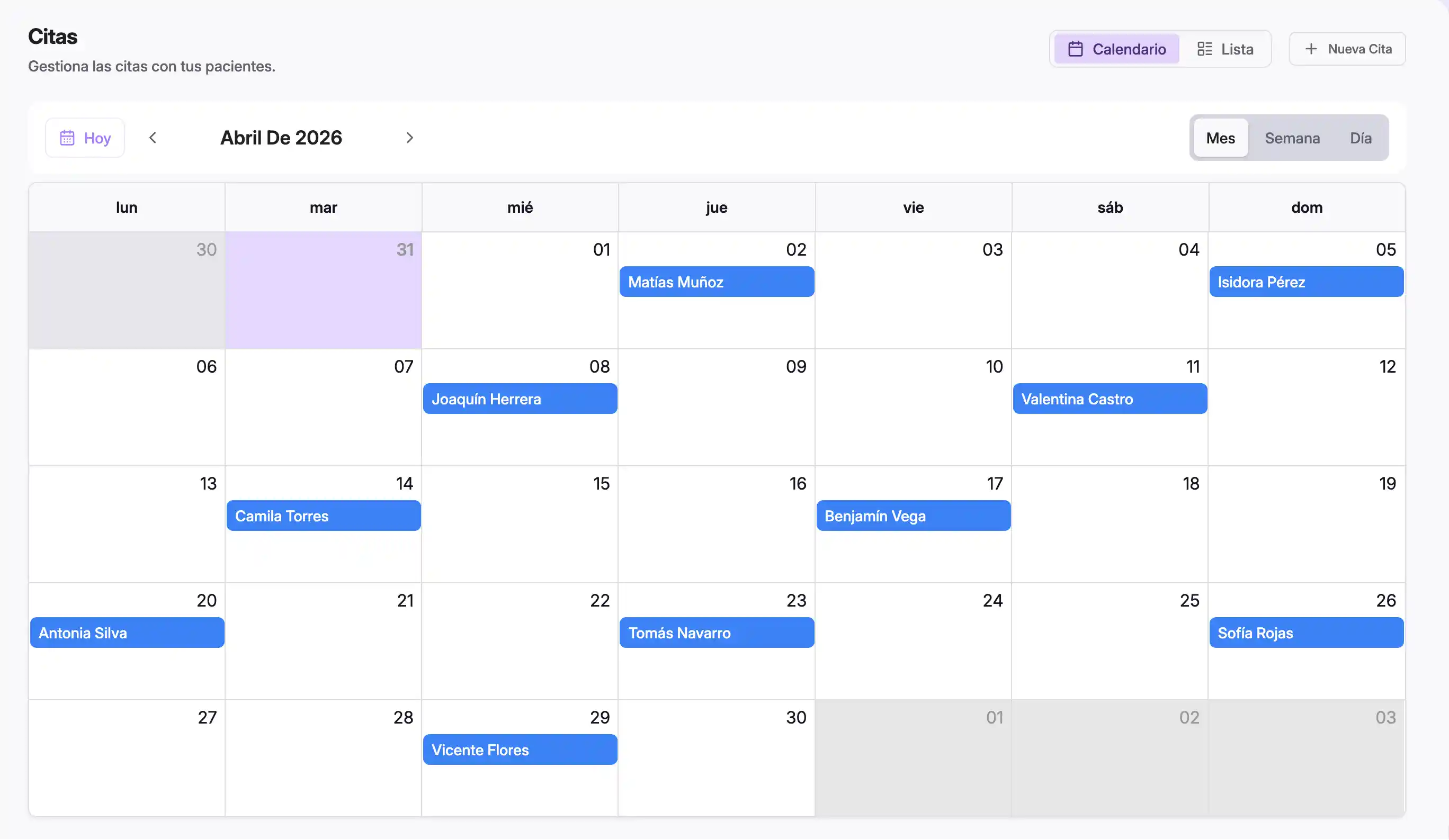 Calendario y sistema de gestión de citas para profesionales de la nutrición.